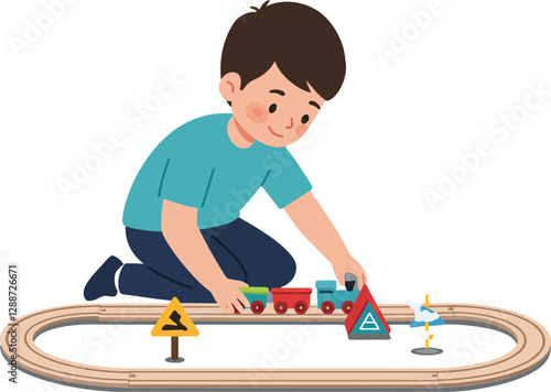 Child playing with toy train set on a wooden track in flat vector art