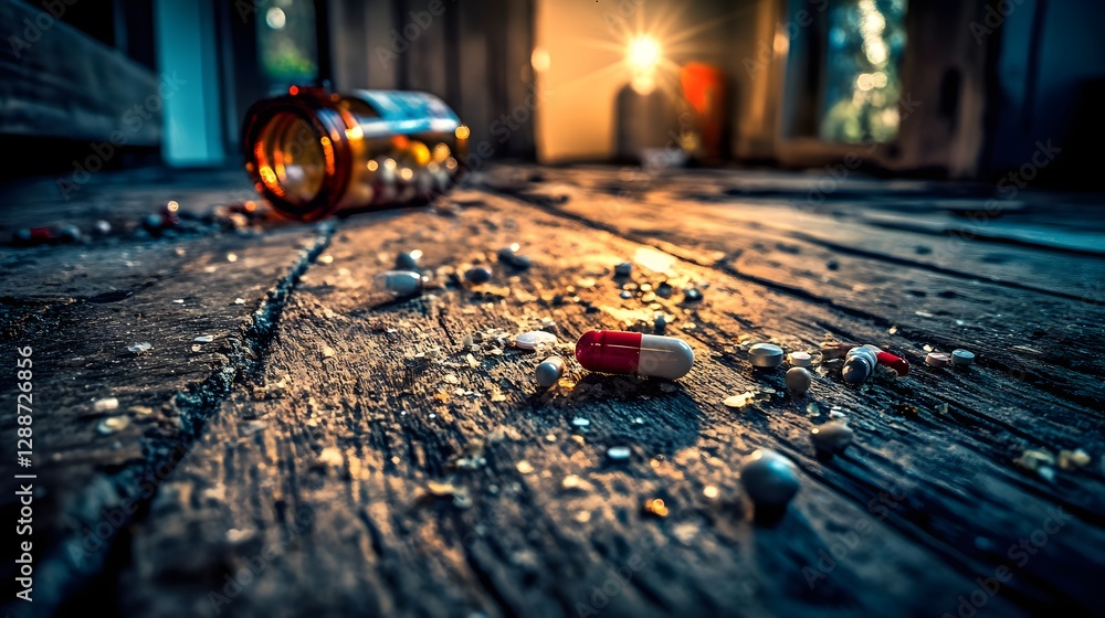 Spilled Pills from a Glass Bottle on a Weathered Wooden Floor Illuminated by Soft Light Spilled Pills from a Glass Bottle on a Weathered Wooden Floor Illuminated by Soft Light