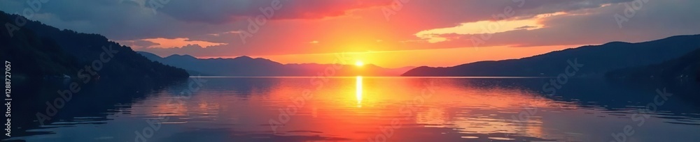 Sunset over a tranquil lake with orange hues in the sky and blue waters below, calm, sunset, peaceful Sunset over a tranquil lake with orange hues in the sky and blue waters below, calm, sunset, peaceful