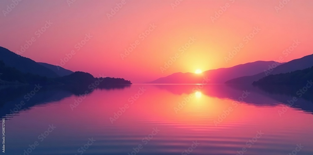 Fototapeta premium Sunset over a serene lake with a smooth gradient background from pink to orange, landscape, nature, lake