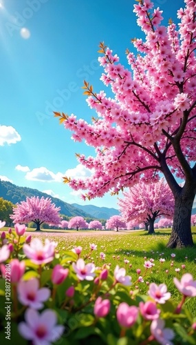 Wallpaper Mural A field of cherry blossoms in full bloom against a bright blue sky, landscape photography, spring scenery, cherry blossoms Torontodigital.ca