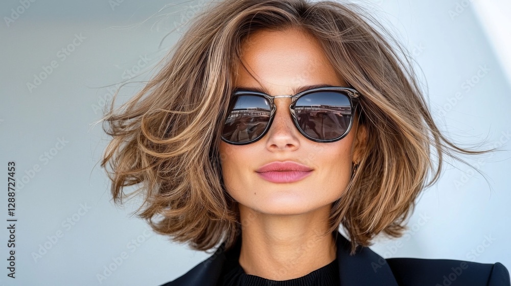 Woman with stylish sunglasses enjoys sunny day outdoors, showcasing a trendy hairstyle and confident expression in urban setting Woman with stylish sunglasses enjoys sunny day outdoors, showcasing a trendy hairstyle and confident expression in urban setting