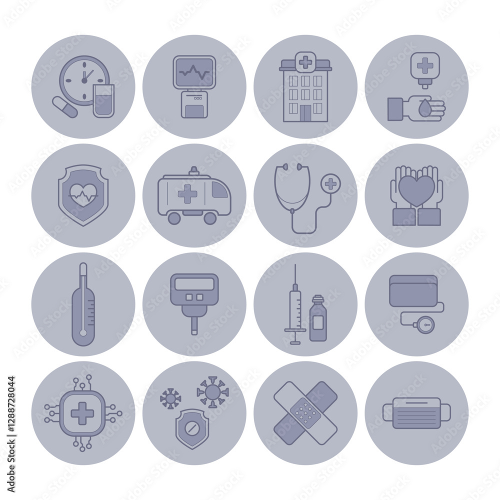 Diverse collection of medical and healthcare icons, showcasing various aspects of medicine, including tools, symbols, and facilities. Healthcare concept Diverse collection of medical and healthcare icons, showcasing various aspects of medicine, including tools, symbols, and facilities. Healthcare concept
