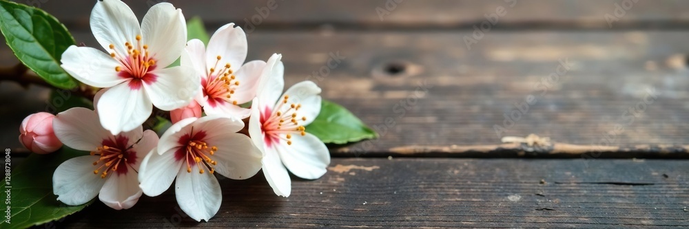 Fototapeta premium White apricot blossoms in a loose arrangement against wood, delicate, wood, soft