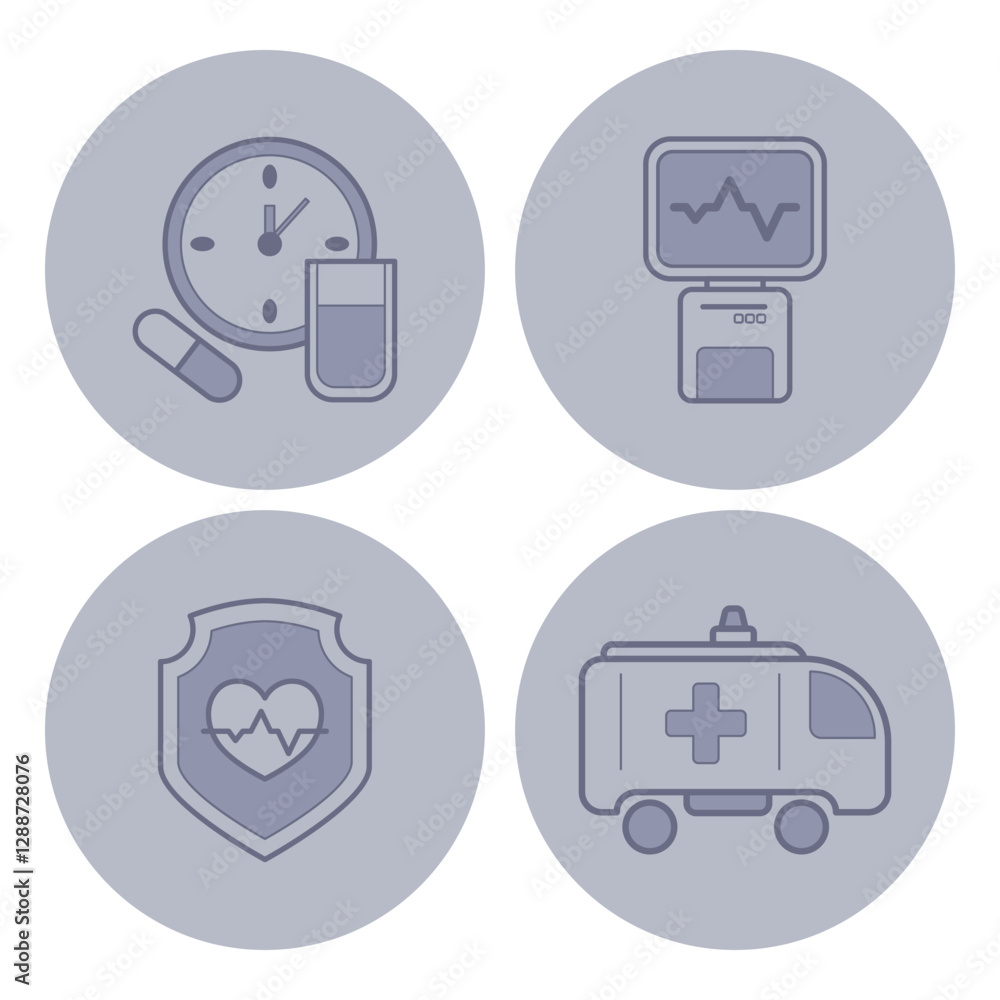 Various medical icons including clock, medication, heart monitor, health shield, and ambulance. Key elements of healthcare Various medical icons including clock, medication, heart monitor, health shield, and ambulance. Key elements of healthcare