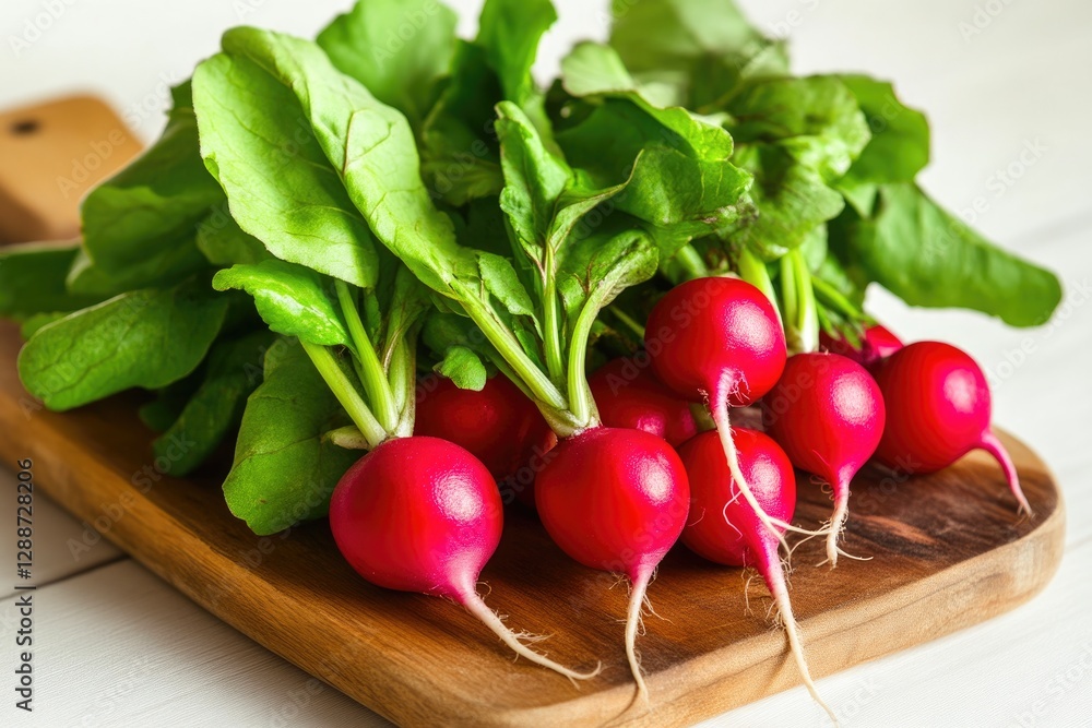 Organic red radishes with lush green leaves on wooden board Organic red radishes with lush green leaves on wooden board