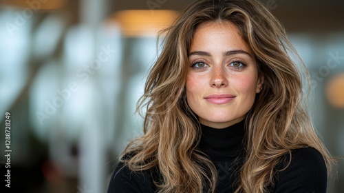 Young woman smiles warmly in a modern indoor setting during the day, showcasing natural beauty and confidence Free Download Young woman smiles warmly in a modern indoor setting during the day, showcasing natural beauty and confidence - GFXLoad
