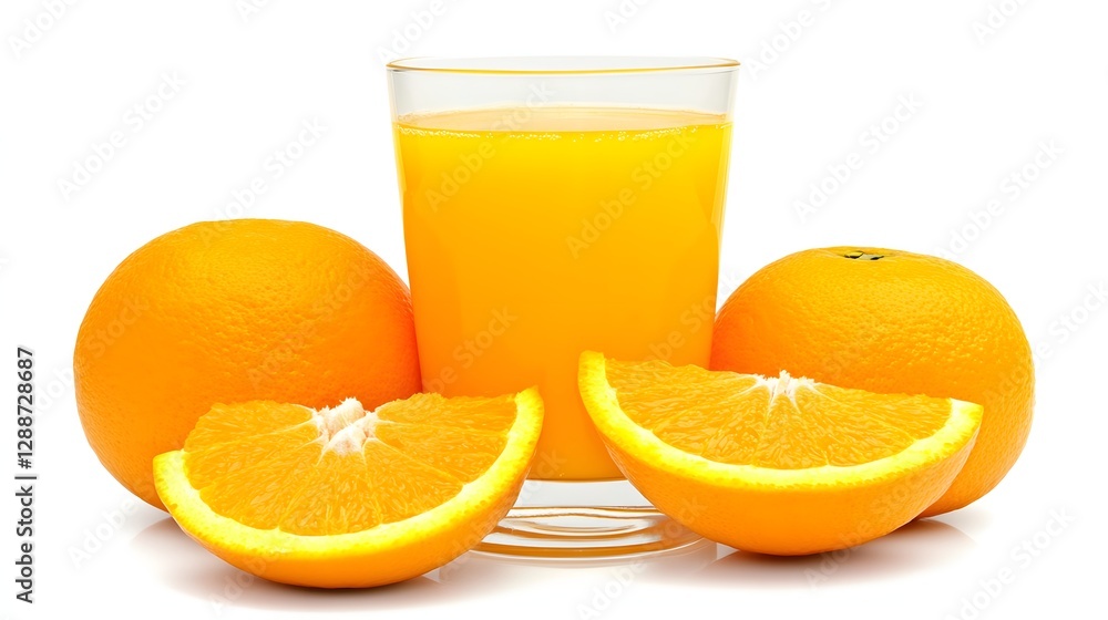 Freshly Squeezed Orange Juice in a Glass Surrounded by Whole and Sliced Oranges Freshly Squeezed Orange Juice in a Glass Surrounded by Whole and Sliced Oranges