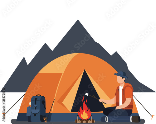 Camping scene with a person by fire and tent in flat vector art