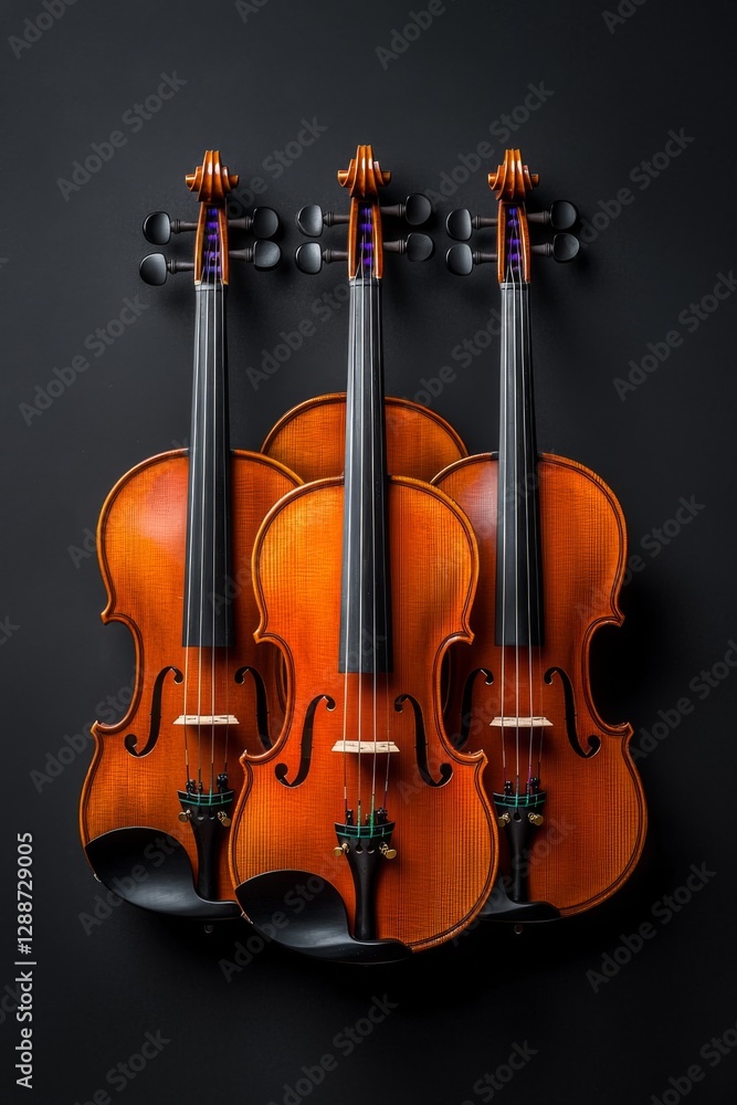 Naklejka premium Multiple violins arranged on dark background showcasing craftsmanship and musical elegance