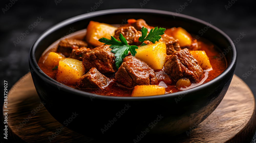 A delicious bowl of hearty beef stew with potatoes and carrots, garnished with fresh parsley, perfect for a cozy meal. A delicious bowl of hearty beef stew with potatoes and carrots, garnished with fresh parsley, perfect for a cozy meal.