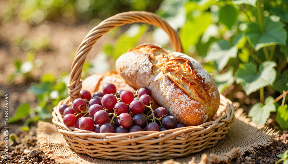 Fresh bread and grapes in basket under sunlight, culinary delight Fresh bread and grapes in basket under sunlight, culinary delight