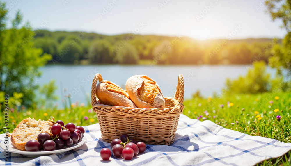 Artisan bread and grapes on picnic blanket by riverside, outdoor delight Artisan bread and grapes on picnic blanket by riverside, outdoor delight