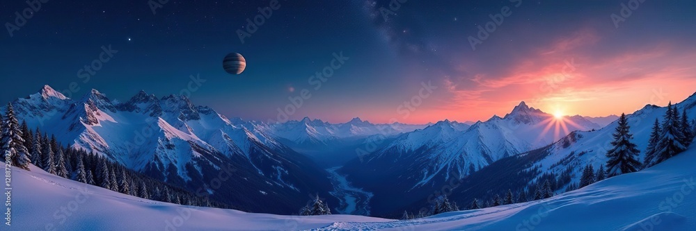 Obraz premium Snowy night scene with Jupiter and Mars in the sky above the Alps, Mars, cosmos, stars