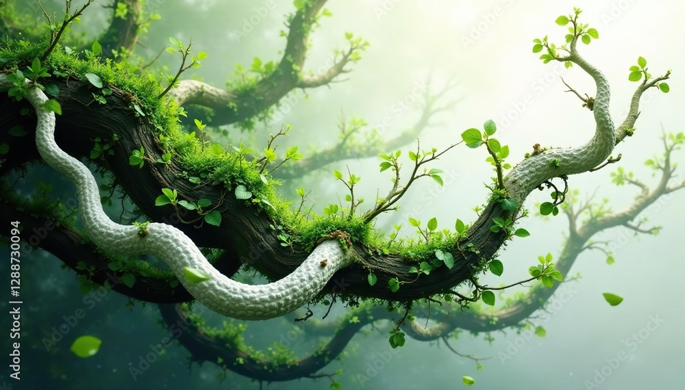 Naklejka premium White and black growth tendrils intertwining with greenery, abstract, texture