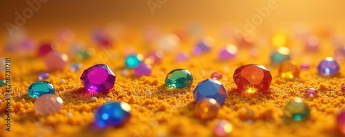 A field of colorful gemstones scattered across a yellow and orange sandy surface, sparkling gems, gemstone field