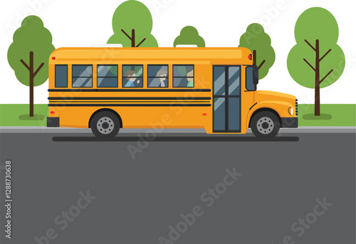 Yellow school bus driving along a road in flat vector art style vector illustration