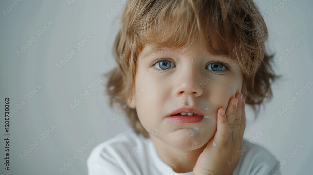 little boy presses hand to cheek, suffers from pain in tooth isolated on gray studio background. Teeth decay, dental problems, child emotions and facial expression little boy presses hand to cheek, suffers from pain in tooth isolated on gray studio background. Teeth decay, dental problems, child emotions and facial expression