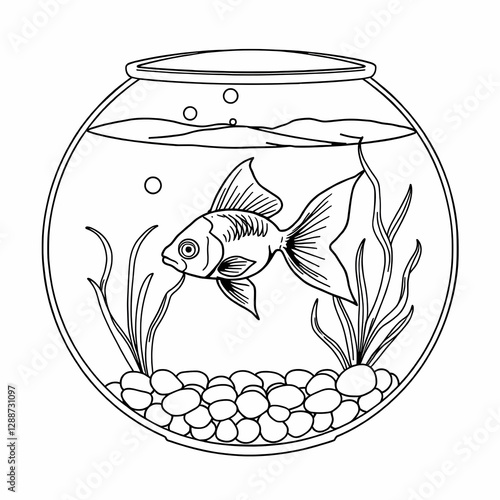 Goldfish Fishbowl Single Fish Aquatic Plants Bubbles Pebbles Black and White Line Drawing Minimalist Aquarium