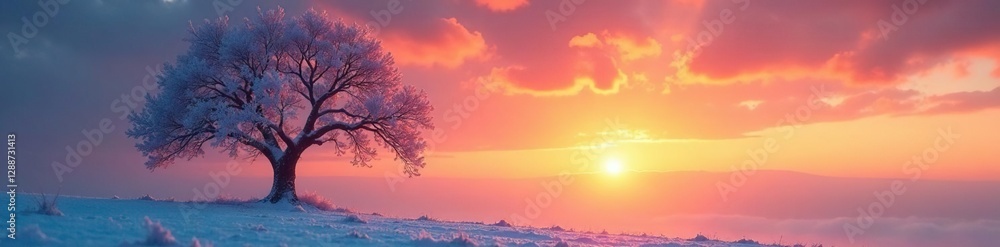 Frosty tree silhouetted against warm sunset sky, serene, winter wonderland Frosty tree silhouetted against warm sunset sky, serene, winter wonderland