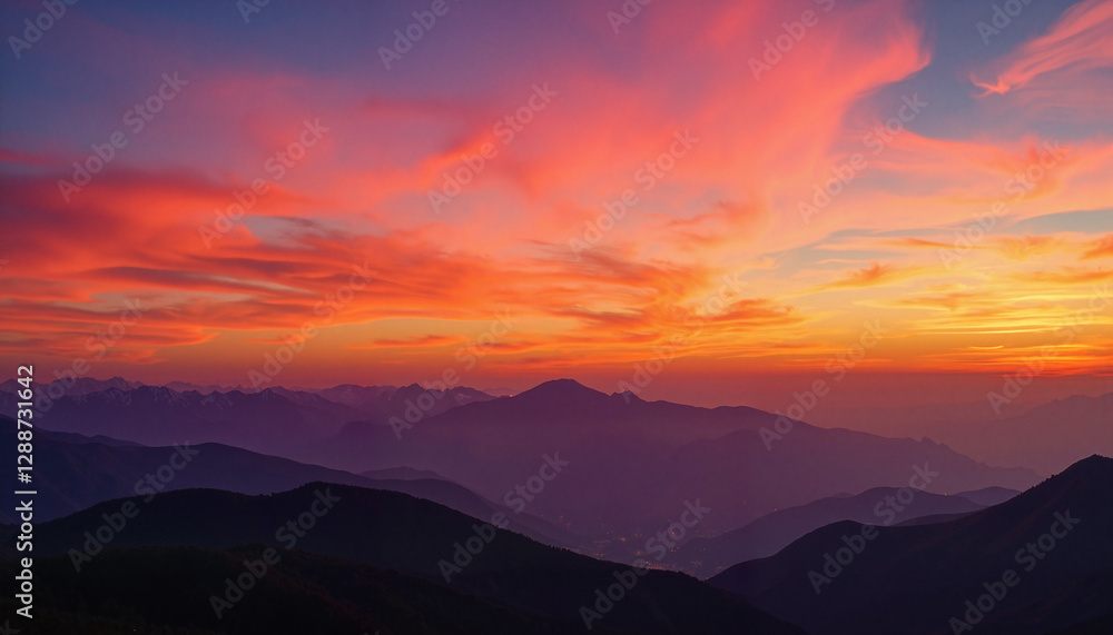 Fototapeta premium Vibrant sunset over mountain range silhouette, natural wonder