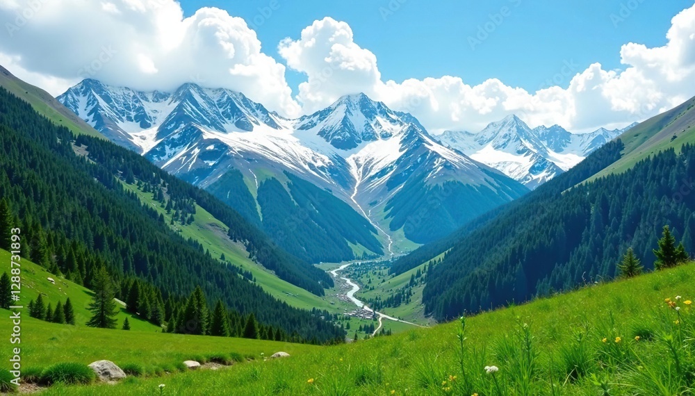 Obraz premium Snowy peaks amidst lush greenery in Dombai Caucasus, green hills, Caucasus