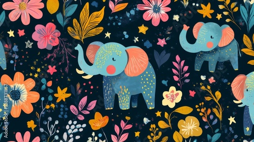 Celebration of joyful elephants safari adventure pattern design vibrant environment close-up view happy themes photo