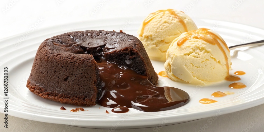 A decadent chocolate lava cake with molten center and vanilla ice cream on the side A decadent chocolate lava cake with molten center and vanilla ice cream on the side
