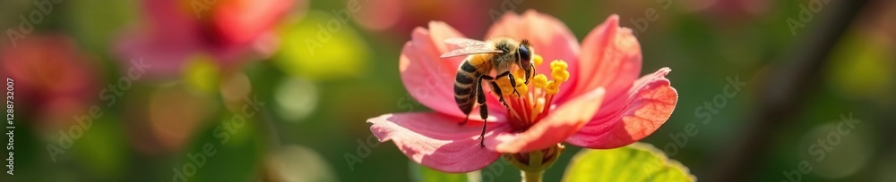 An Indian hawthorn bloom with a single bee landing on its petals, petal, landing An Indian hawthorn bloom with a single bee landing on its petals, petal, landing