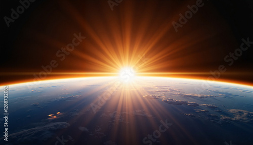 Glowing sunrise over Earth's horizon from space, cosmic beauty