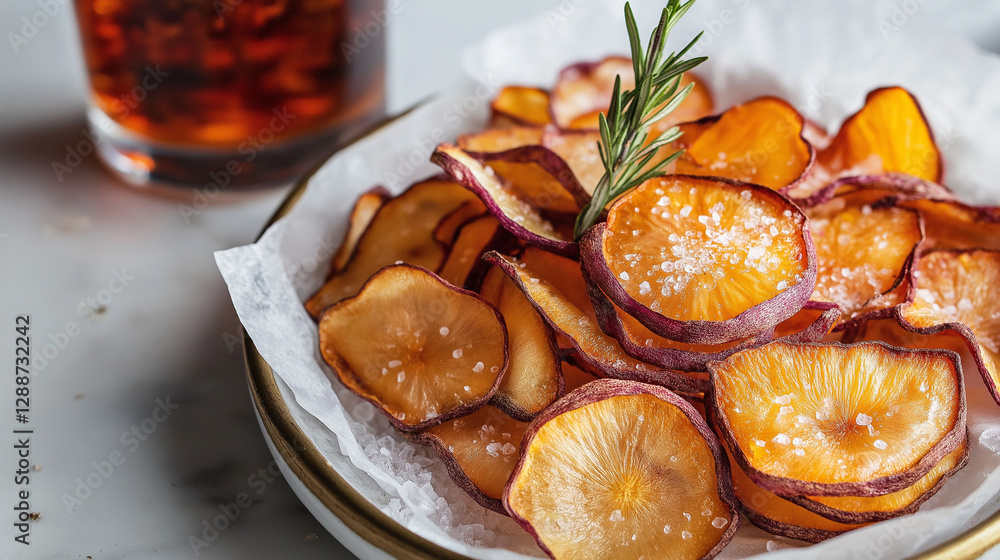 Tray of crispy homemade Tarul root chips, lightly seasoned with sea salt and fresh rosemary. Golden-brown chips with purple marbling, served in parchment-lined basket on white ceramic plate. Tray of crispy homemade Tarul root chips, lightly seasoned with sea salt and fresh rosemary. Golden-brown chips with purple marbling, served in parchment-lined basket on white ceramic plate.