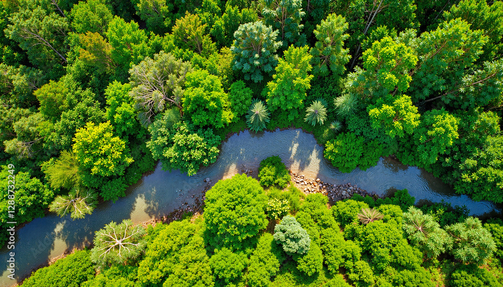 Naklejka premium Lush green forests and winding river from above, Earth's beauty