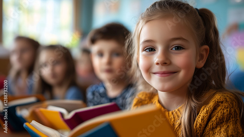 Happy School Children Reading Books in a Colorful Classroom