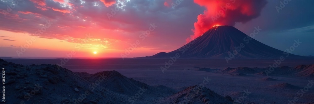 Fototapeta premium Volcanic ash falls on a barren landscape at dusk, gray, desolate, rocky