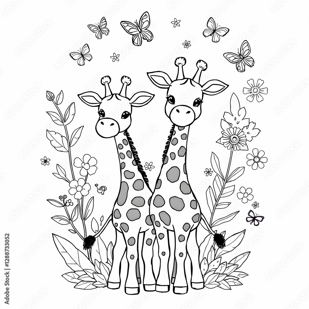 Fototapeta premium Cute Cartoon Giraffes Pair Floral Background Butterflies Whimsical Art Style Kawaii Children's Book Illustration Playful Design