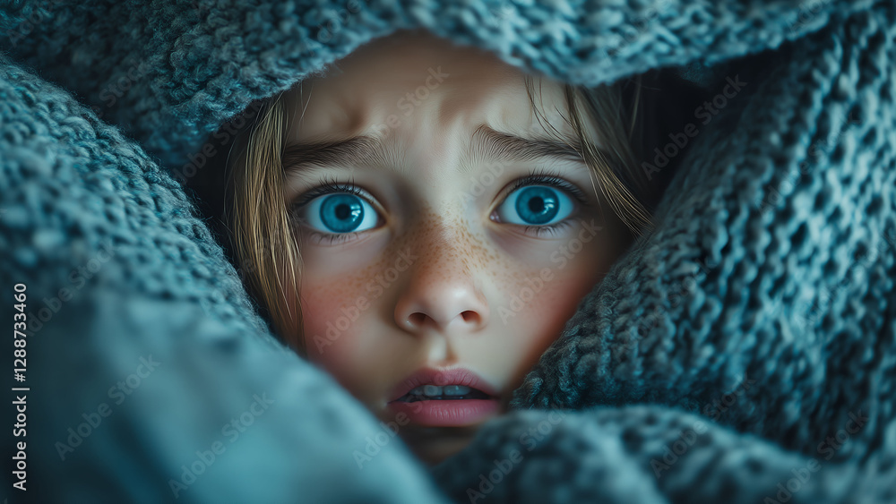 Scared Child Hiding Under a Blanket – Fear and Anxiety Concept Scared Child Hiding Under a Blanket – Fear and Anxiety Concept