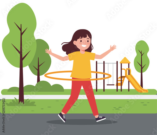 Girl joyfully hula hooping in park, flat colorful design, vector illustration