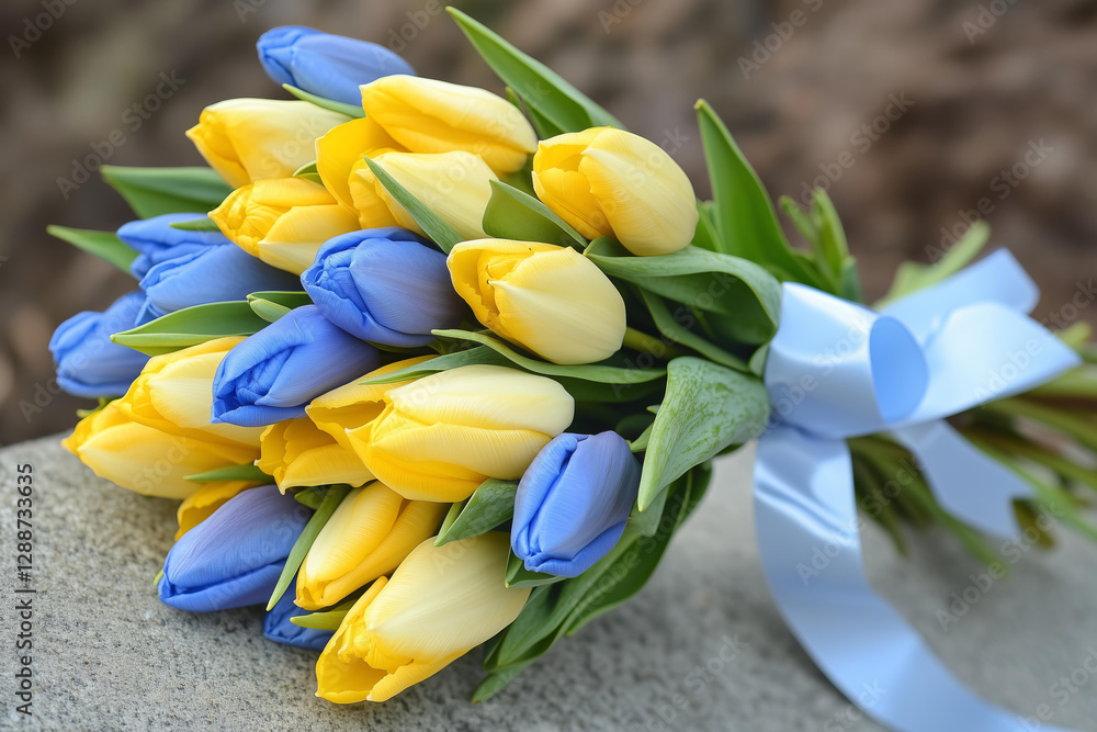 Obraz premium A stunning patriotic floral bouquet featuring vibrant yellow tulips and roses combined with deep blue flowers, elegantly wrapped in white paper and tied with a bold blue satin ribbon. 