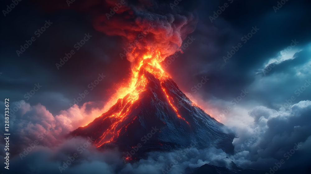 Fototapeta premium A dramatic volcanic eruption showcasing lava flow and dark clouds, symbolizing nature's raw power and beauty.