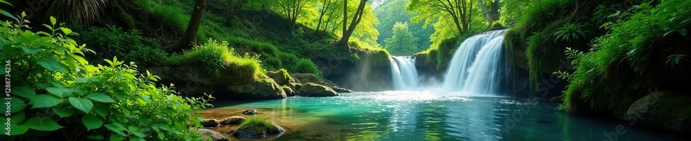 Fototapeta premium Forest river with lush vegetation and waterfall, nature, lush greenery
