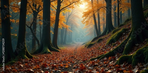 Dense forest on a steep hill with falling branches and leaves, gravely terrain, hillside erosion, autumnal colors