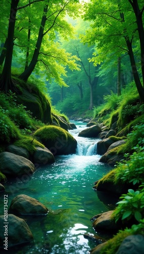 Dense foliage surrounds the crystal clear brook, landscape, greenery