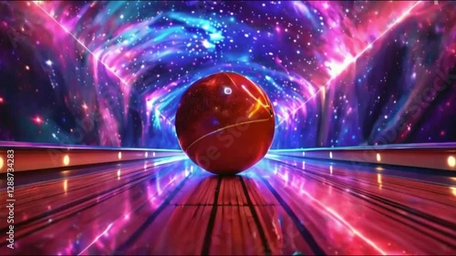 Cosmic bowling with glowing purple lights illuminating polished ball.
