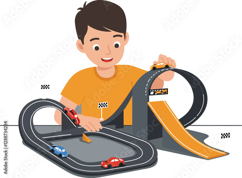 Child playing with toy car track in flat minimal vector art