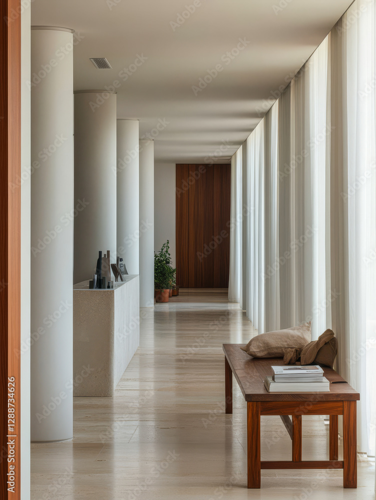 Fototapeta premium Modern interior design showcasing natural light and minimalism in a spacious hallway