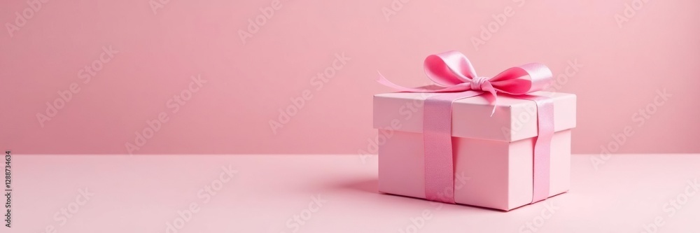 Obraz premium Pink gift box on a table with white background, simple, table, modern