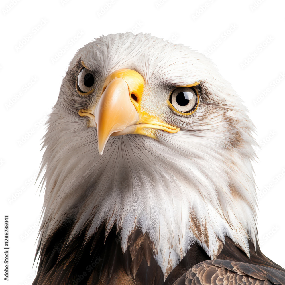 Obraz premium Bald eagle in flight against a solid black background showcasing its majestic wings and fierce expression isolated on transparent background.