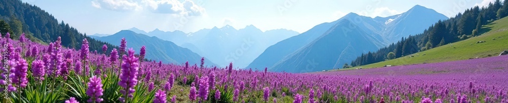 Fototapeta premium A field of purple flowers grows amidst mountain peaks, natural, mountain