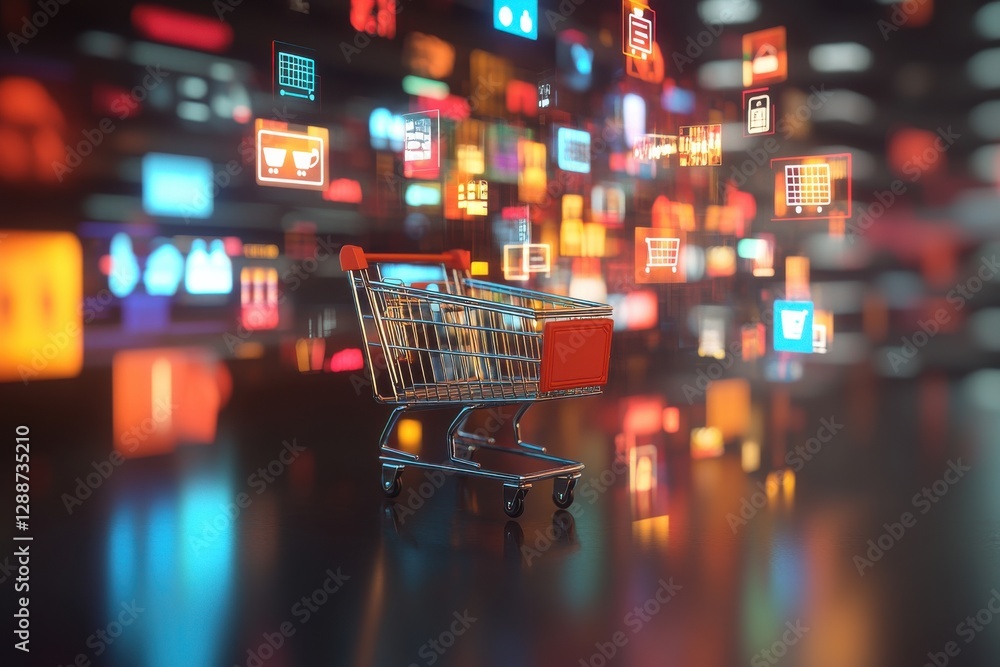 Dutch Angle Shot of a Mini Shopping Cart Surrounded by Floating Digital Icons Representing Products in a Vibrant Virtual Environment Dutch Angle Shot of a Mini Shopping Cart Surrounded by Floating Digital Icons Representing Products in a Vibrant Virtual Environment