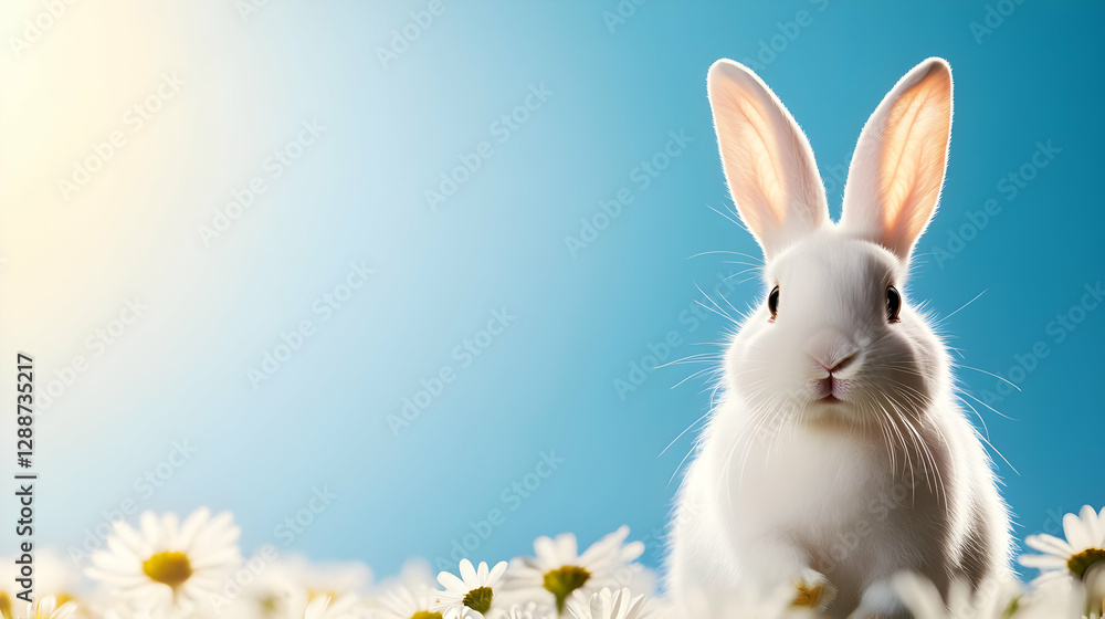 Fototapeta premium A fluffy white rabbit sits among bright daisies under a sunny blue sky, creating a serene and joyful natural scene.